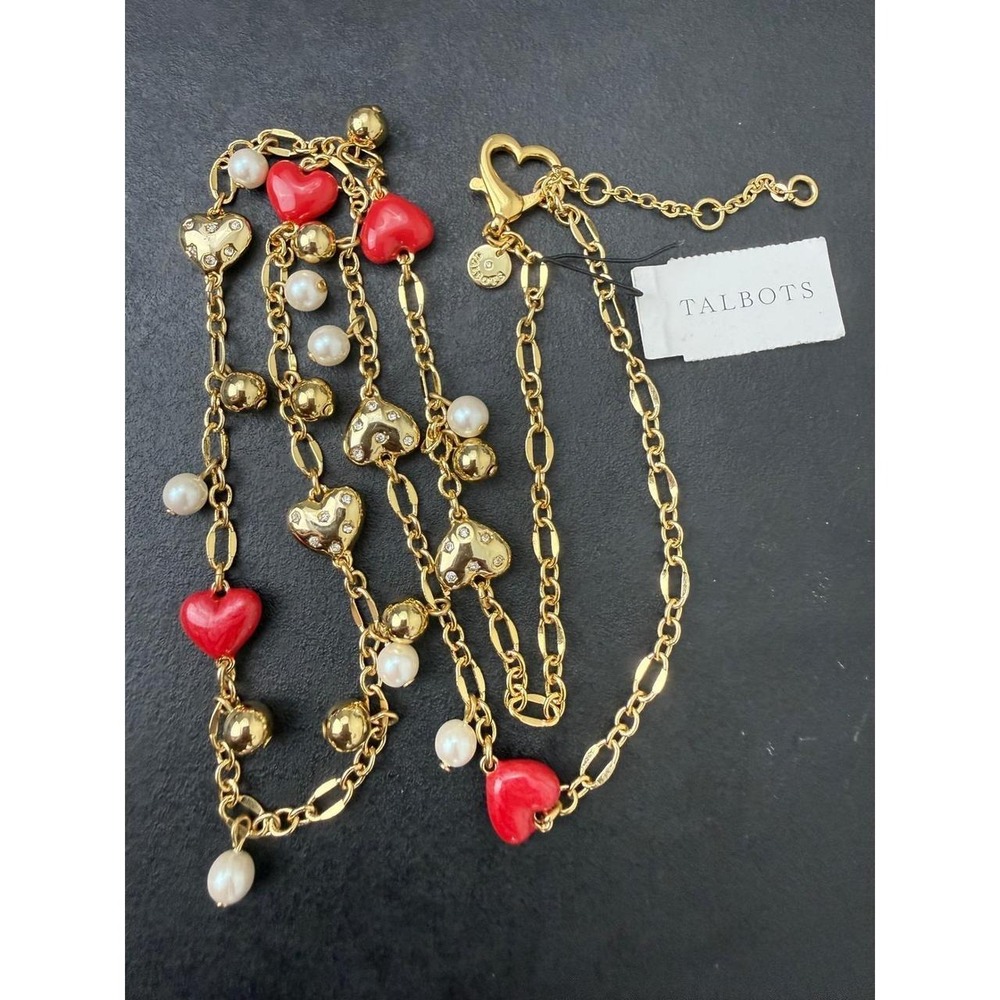 Talbots Heart Pearl Crystal Necklace Red Enamel Station Long Gold Tone Link
